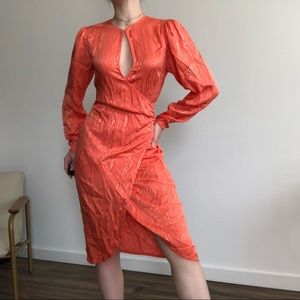 Ronny Kobo Silk Satin Long Sleeve Orange Midi Dress